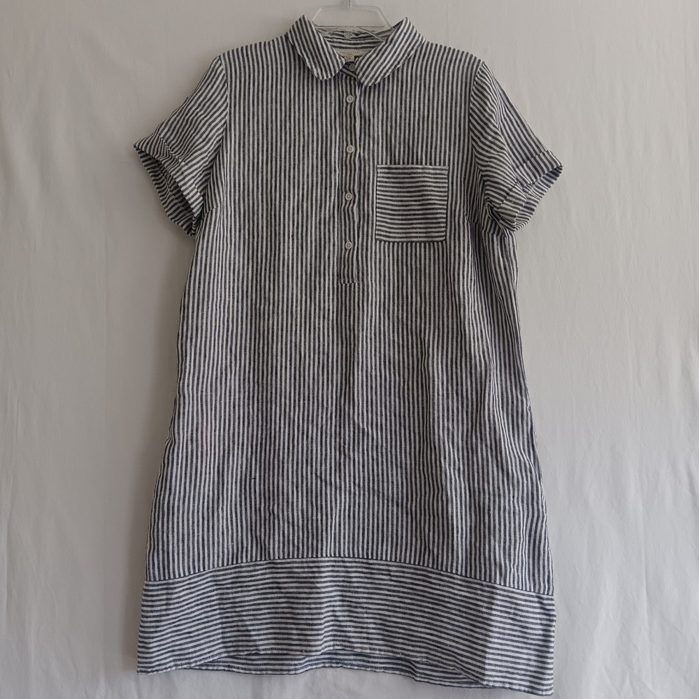 GARNET HILL Linen Dress Womens L blue Mini Stripe Relaxed Popover Shirtdress
